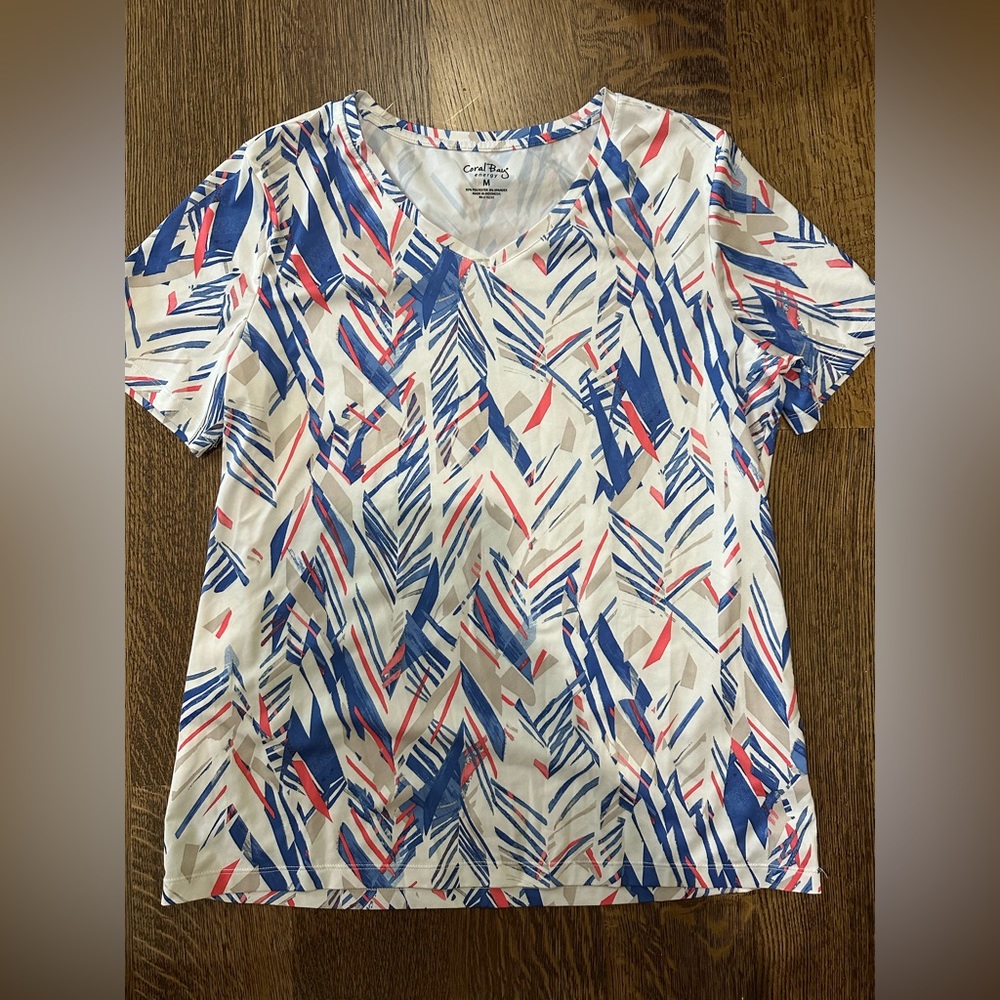 Coral bay, V-neck, medium, athletic top, blue, beige white red
